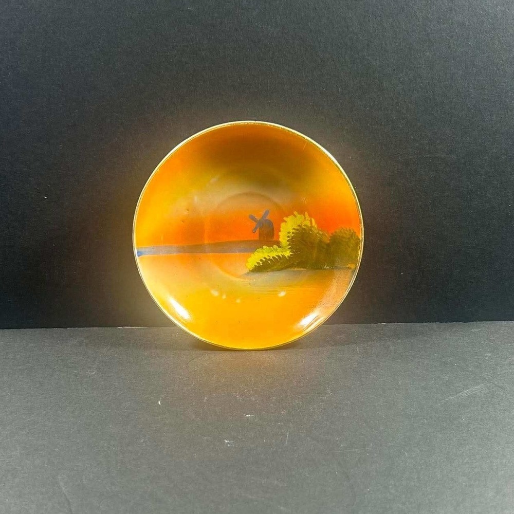 Windmill Sunset Landscape Saucer Orange Hand Painted Japan Small Plate